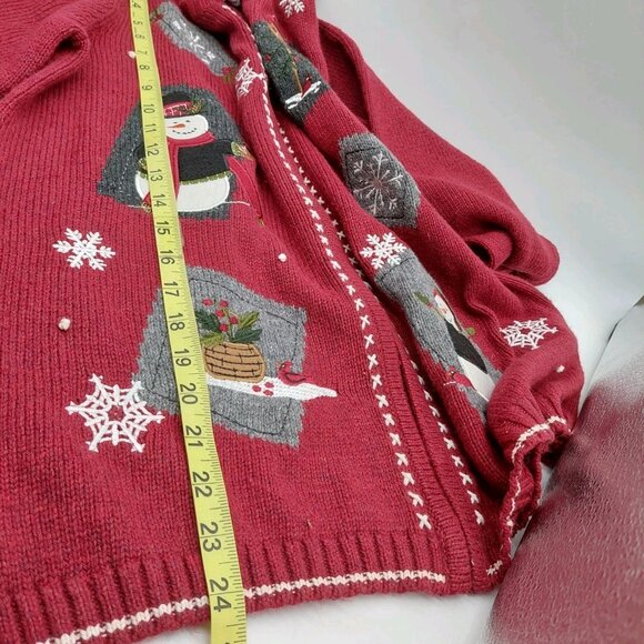 Croft & Barrow Cardigan Christmas Sweater Size Medium Red Snowman Birdhouse - Picture 5 of 12